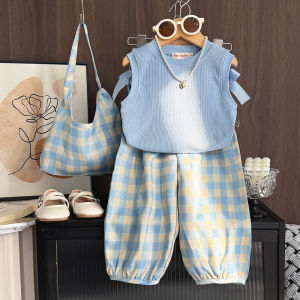 Fashion Blue 2-7Years Girl Casual Clothes Sleeveless T Shirt+Plaid Bow Pants+ Bag 3 Pcs Kids Suit