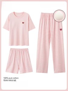 miiow | Pure Cotton Cat Person Womens Sleepwear Short Sleeve Three-piece Set With Chest Pad One-piece Wearable Large Size Home Clothes
