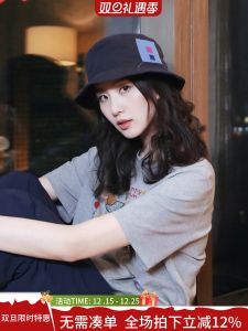 Liu Shishis Same Style Gray Short Sleeve Loose T-Shirt Female Korean Style Lazy Style Summer Niche Design Cartoon Top