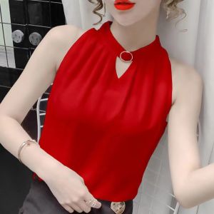 CARINE Sleeveless Top Women Korean Casual Style Chiffon Vest Shirt Solid Color Halter Top for Women