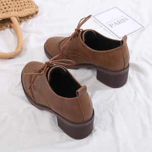 Commute Friendly mid Heel Chunky Single Shoes for Women in Brown British Style Hepburn Inspired Fashionable Casual Footwear