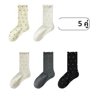 ถุงเท้ากลางน่องอินเทรนด์ฤดูใบไม้ร่วง 5 คู่ - ถุงเท้ากีฬาลายจุดลําลองสําหรับผู้หญิง