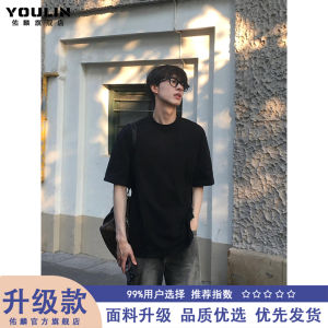 เสื้อยืดแขนสั้นคอตตอนสีดำสไตล์อเมริกันสำหรับผู้ชายในช่วงฤดูร้อน เสื้อยืดแขนสั้นบางแบบคลาสสิกสำหรับผู้ชาย