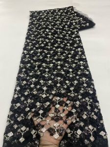 African French Tulle Sequins Beaded Lace 5 Yards Nigerian Embroidered Lace Fabrics For Ladies Party Wedding Dresses AT2886