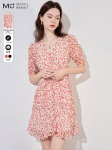 Mo | Floral Chiffon Midi Dress Womens Summer New Style French Waist Cinching A-Line Skirt Elegant High Waist Polyester Fiber Print