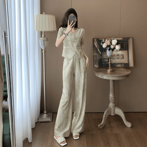 New Chinese Style Fashionable Short Sleeve Set Women Summer High End Slimming Casual Wide Leg Pants Two Piece Set Trendy