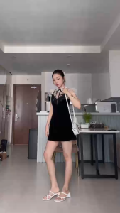 CR_ Đầm Nhung tiểu thư đầm dự tiệc Nhung form A nhẹ hai dây phối Ren nơ cổ lưới bi tay hến