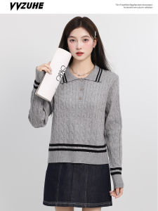 Áo Thun Dệt Kim Dài Tay Rộng Rãi Cổ Bẻ Kẻ Sọc Màu Tương Phản Phong Cách Hàn Quốc Thời Trang Đa Năng Cho Nữ