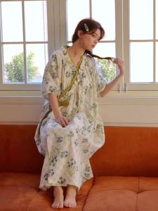 High End Woman Kimono Sleeping Robe Summer New Sweet V Neck Sleeping Dress with Chest Cushion Plus Size Womens Mid Long Bathrobe Loose Home Maternity Clothes