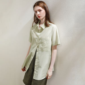 Miccbeirn | Silk Cotton Short Sleeve Embroidered Shirt Simple Commute Womens Top Elegant Versatile Drape Casual Shirt Summer Season