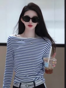 Áo Thun Dài Tay Ôm Vừa Vặn Mùa Xuân 2025 Tay Dài Họa Tiết Sọc Xanh Dành Cho Nữ Cỡ Lớn