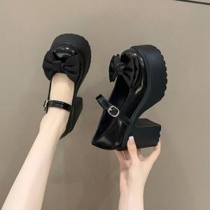Giày Cao Gót Đế Xuồng Mũi Tròn Màu Trắng Kiểu Mary Jane Với Nơ Retro Gót Chunky Giày Cưới Thanh Lịch Giày Nữ Thời Trang Quai Khóa Thời Thượng