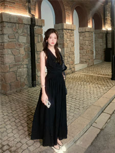 Váy Đen Không Tay Cạp Cao Chữ a Cổ Chữ V Mùa Hè Cho Nữ Váy Công Sở Thường Ngày Không Tay Dài Vừa Phải