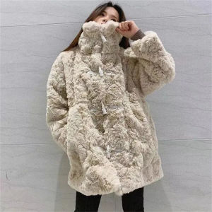Womens Thickened Faux Fur Coat High Collar Winter Jacket Lamb Velvet Outerwear with Wool Lining Button down Polar Fleece