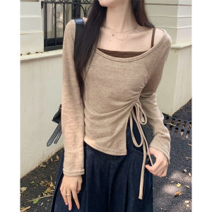 เสื้อยืดแขนยาวผู้หญิง เสื้อชั้นในถัก เอวเข้ารูป ผ้าฝ้ายผสม ทรงเข้ารูป แขนยาว คอตั้ง เสื้อผ้าทำงานสไตล์เกาหลี