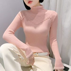Tính cách thanh lịch yimei áo len dệt hồng ôm vừa nữ phong cách mới mùa thu áo thêu bán cổ cao