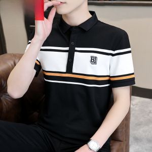 HENGYUANXIANG | Breathable Casual Short Sleeve Polo Shirt Mens Turn-down Collar Striped Top Fashionable Summer T-shirt Standard Fit Cotton Polyester Blend