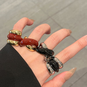 Fall Winter Red Contrast Color Drip Glaze Metal Ring Vintage High-End Open Finger Ring Fashionable Geometric Pattern Womens Ring