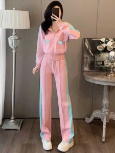 New 2025 Womens Casual Sportswear Set Pink Anti-Aging Hooded Straight Leg Pants Two-Piece Trendy Autumn Collection