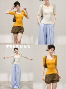THROUS | Áo Thun Nữ Form Slim Fit Cổ V Tay 3/4 Đơn Giản