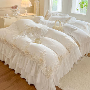 French Fairy Tale Thickened Milk Velvet Four Piece Set Princess Style Lace Bedspread Double Sided Coral Velvet White Bed Skirt