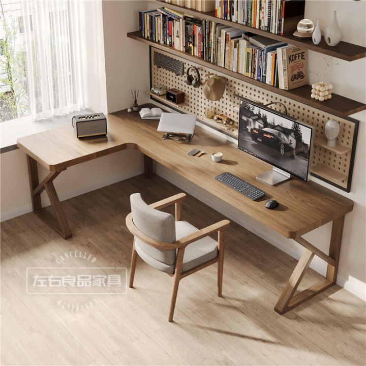 Solid Wood Corner Computer Desk Double Desk Bookshelf Integrated