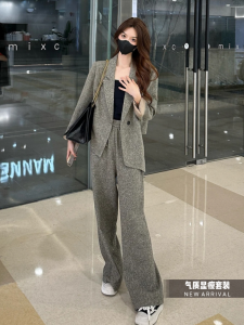 Elegant Lady Fashionable Professional Suit Womens Spring Autumn New High-End Feelings Iron Diamond Suit Jacket Wide Leg Pants Two Piece Set