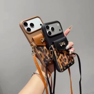 Leopard Case for iPhone 18 Pro Max 17 16 15 14 13 12 PU Leather Wallet Card Slots Crossbody Strap Lanyard Bag Soft Back Cover