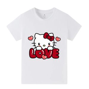 Bandai | 2026 Summer Hello Kitty Love Print Kids T-shirt Girls Short Sleeve Cotton Tee Casual Cute Tops for Toddler Children Daily Wear