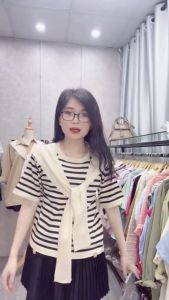 💥[A235] Áo len thun nữ Montoghi dệt kim PHỐI KHĂN QUÀNG CỔ kẻ sọc kiểu dáng Quảng Châu mới lạ - L2M