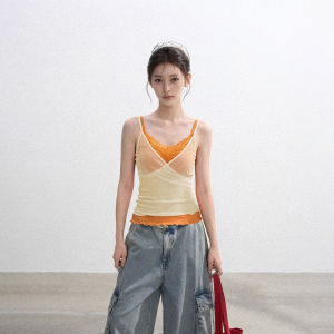 BAIDAIFEI | Orange Lace Mesh Sleeveless Camisole