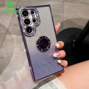 FLOVEME Plating Rhinestone Gradient Glitter Phone Case For Samsung S22 S23 S24 Ultra S23+ S22+ Plus With Finger Ring Bracket Stand Soft TPU Anti-fall Shockproof Back Cover For Samsung S24 S23 S22