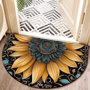VIKAMA Black Gold Sunflower Half Circle Doormat Non Slip Water Absorbing Semi Round Rug Entryway Home Decor Floor Mat
