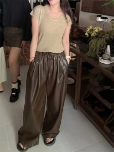Cool Brown PU Leather Straight Leg Pants Womens High Waist Wide Leg Floor Length Trousers Comfortable Casual Trousers