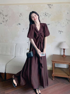 Elegant Two-Piece Set Long Dress Craftsmanship Slimming Luxury High-End Feel Summer Fashion Ensemble V-Neck Short Sleeve