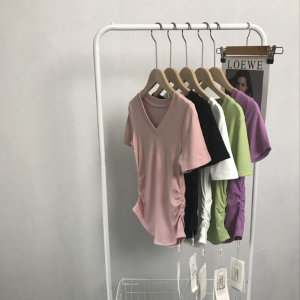 Design Sensation Small Audience Womens T-shirt V-neck Short Sleeve Pure Cotton Slim Fit Overhead Classic Solid Color Commute Style Summer Fashion