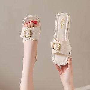 IELGY Square Buckle Flat Slippers Womens Summer Fashion Shows Small Feet Slip-on Shoes