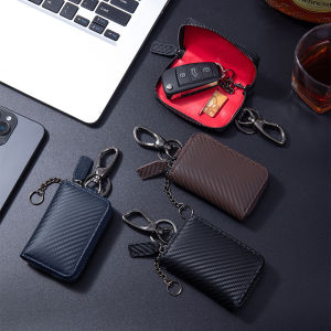 Carbon Fiber Genuine Leather Mens Key Case Simple Portable Waist Hanging Zipper Multifunctional Universal Car Key Storage Bag