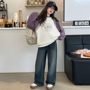 2024 New Womens Jacket for Fall Fashion Slim Fit Denim Jeans Set Color Block Crewneck Long Sleeve Regular Thickness