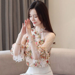 2024 New Style Womens Floral Short Sleeve Chiffon Shirt One Shoulder Design Ultra Fairy Korean Loose Fit Printed Gown Summer Top