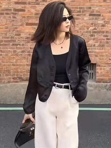 Casual Lightweight Womens Summer Shirt Folded Design Versatile Loose Fit Long Sleeve V-Neck Solid Color Open Cardigan Top