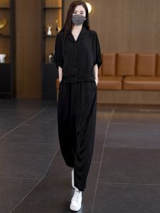 plus Size Summer Fashion Set Womens Clothing Korean Style Loose Fit Embroidered High Waist Nine Pants Polyester Fiber Short Sleeve