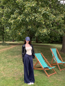 Quần Ống Rộng Chill Qiaoer York Street Ống Đứng Rộng Rãi Thoải Mái Cạp Rộng Dây Rút Dài Thường Ngày Cho Nữ