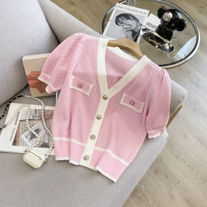 PAILAKOU | เสื้อคาร์ดิแกนคอวีแขนสั้นผ้าไหมน้ำแข็งสีชมพูสำหรับผู้หญิงในช่วงฤดูร้อนปี 2025 เสื้อคลุมกันหนาวบางๆ ทรงหลวมๆ สไตล์ลำลอง