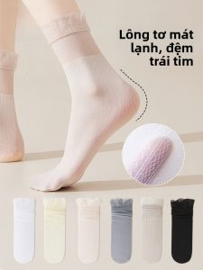 MiiOW | Tất ren viền pha lê Crystal Mid-Calf Summer Thin Ladies Socks MiiOW Pure Color Antibacterial Pure Nylon Spandex