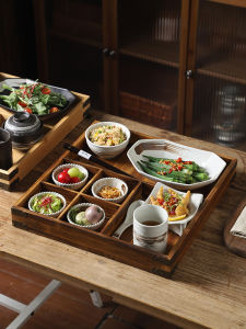 Japanese Style Ceramic Dining Set Wooden Tray Creative Breakfast Partition Plate Food Box Home Commercial Use Dishware Set