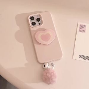 Korean Pink Phone Case With Love Heart Holder For iPhone 17 16 15 13 14 12 Pro Max Bell Pendant Shockproof Protective Soft Cover