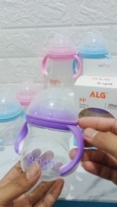Botol Susu Bayi Leher Lebar Karet 6cm Alg6082 6083 dengan Gagang Desain Lucu Berkualitas BPA Free