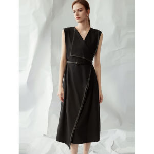 Elle French Fashion Ruffle Hem V-neck Dress Womens Summer New Sleeveless Slimming Design Sense Skirt Long Straight Cut