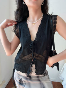 DADANA Sweet French Style Embroidered Lace Patchwork Hollow out Sleeveless Shirt Belted V-neck Short Length UV Protection